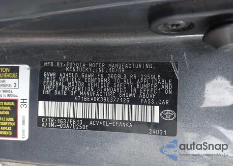 2009 Toyota Camry Le from USA, damaged, VIN 4T1BE46K39U377126